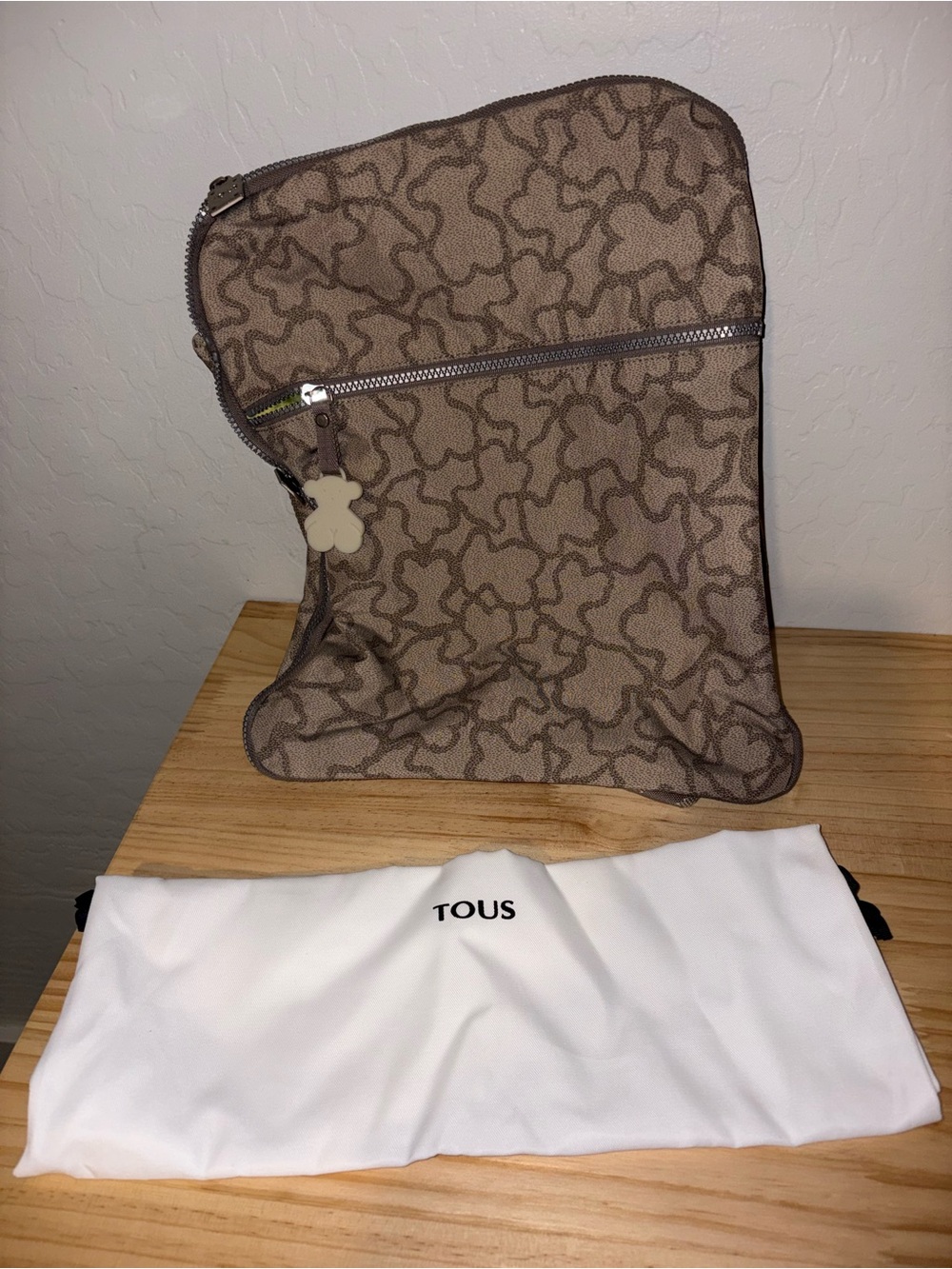 Tous Brown Patterned Zip Pouch with Bear Charm